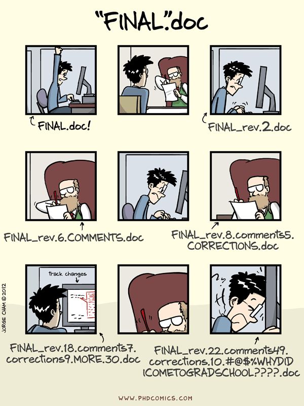 "notFinal.doc" by Jorge Cham, <https://www.phdcomics.com>, 'Comic: a PhD student sends "FINAL.doc" to their supervisor, but after several increasingly intense and frustrating rounds of comments and revisions they end up with a file named "FINAL_rev.22.comments49.corrections.10.#@$%WHYDIDCOMETOGRADSCHOOL????.doc"'